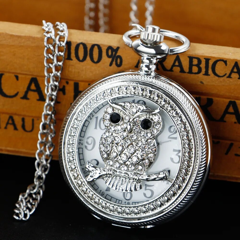 Owl White Dial Golden Quartz Pocket Watch