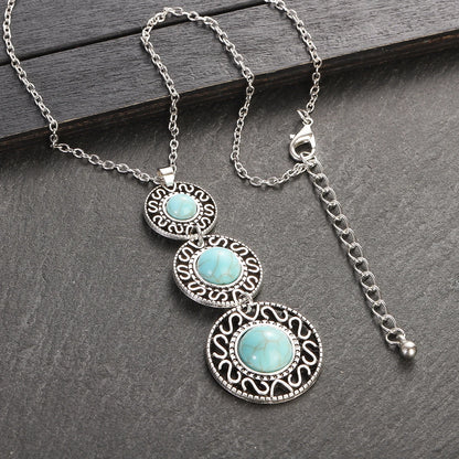 Native Turquoise Round Necklace Set Silver Color