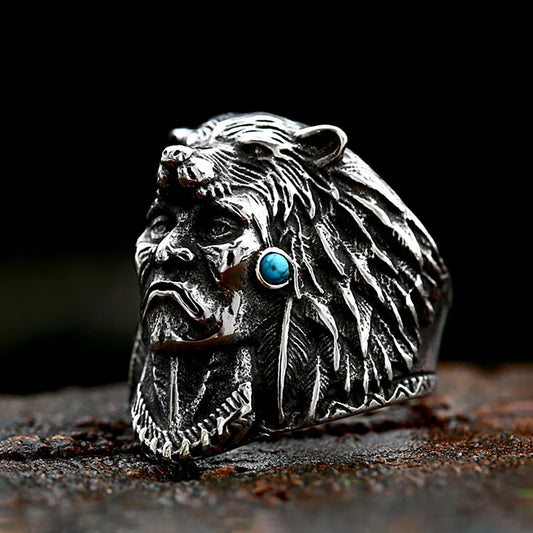 Native Warrior Wolf Ring Stainless Steel With Blue Stone