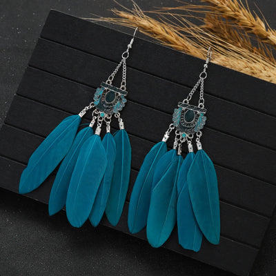 Native Feather Enamel Silver Color Drop Earrings