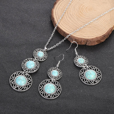 Native Turquoise Round Necklace Set Silver Color