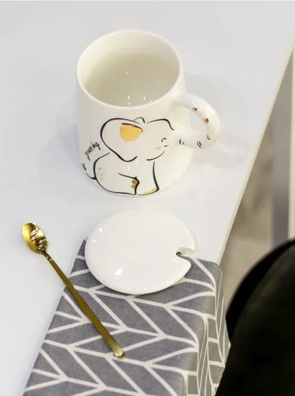 Elephant Ceramic Water Cup With Lid Spoon