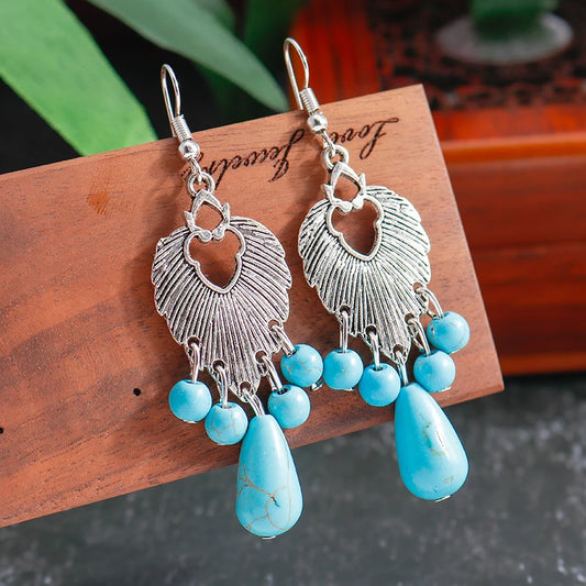 Native Turquoise Stone Tassel Drop Earrings