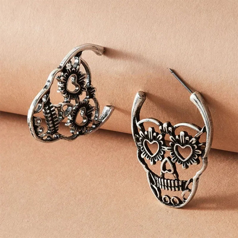 Skull Dark Black Antique Pattern Skull Earrings