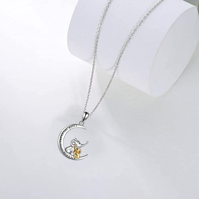 Elephant Mother and Child Necklace Moon