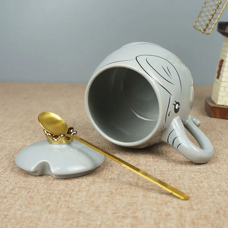 Elephant Cartoon Cute Ceramic Cup With Crown Cap And Spoon Cup