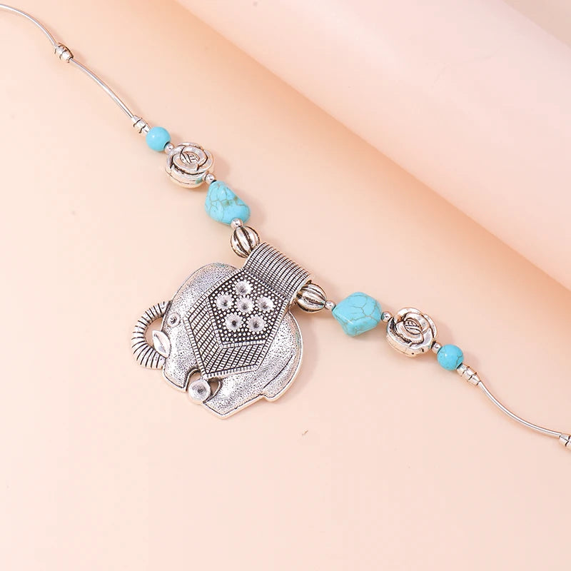 Elephant Pendant Necklace Turquoise Silver Color