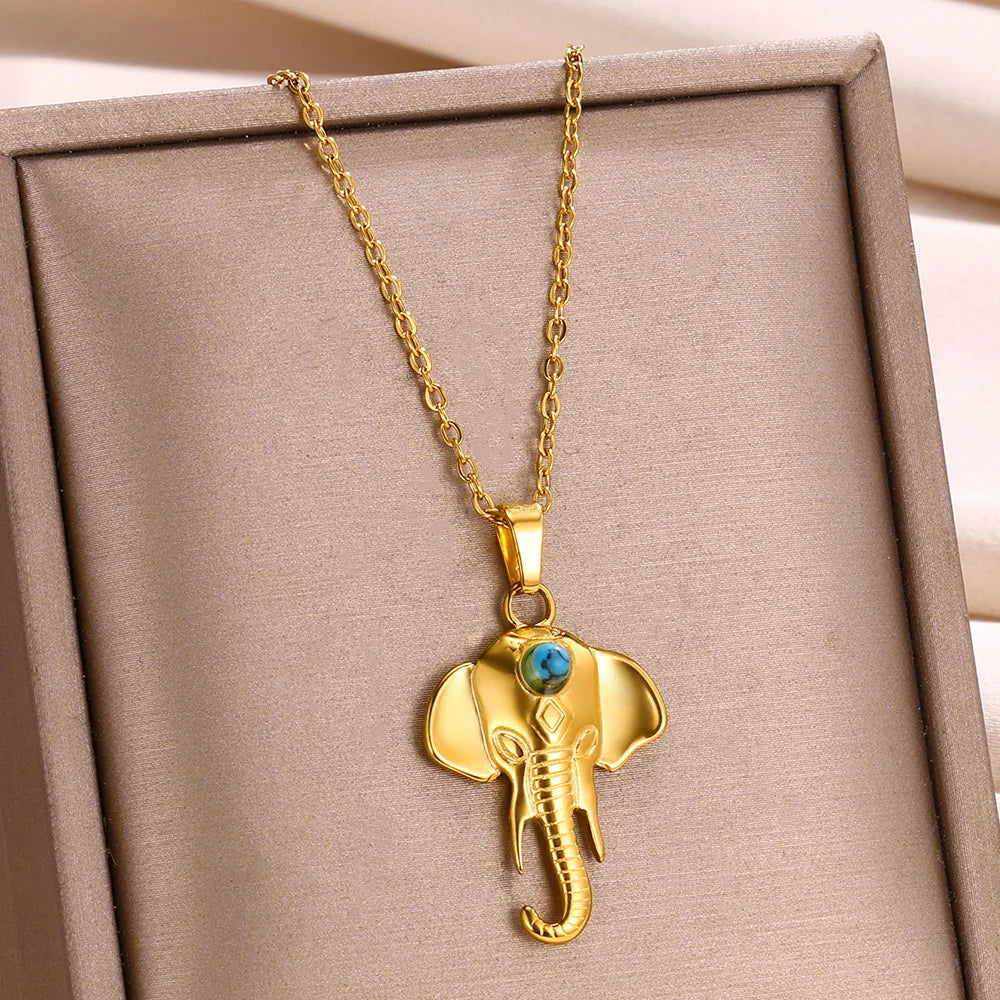 Elephant Pendant Necklaces Natural Stone Gold Color Stainless Steel