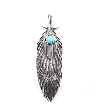 Native Turquoise Stone Inlaid Metal Feather Pendant Necklace