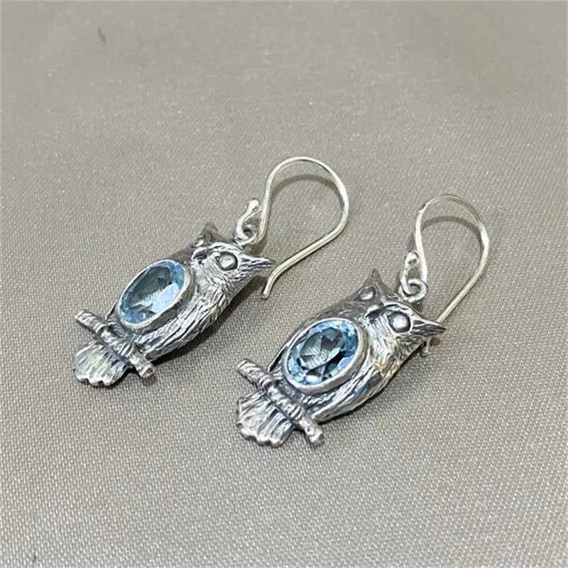 Owl Silver Metal Sea Blue Stone Earrings