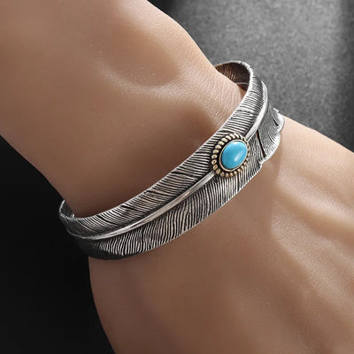 Native Silver Plated Turquoise Feather Wings Open Bracelet