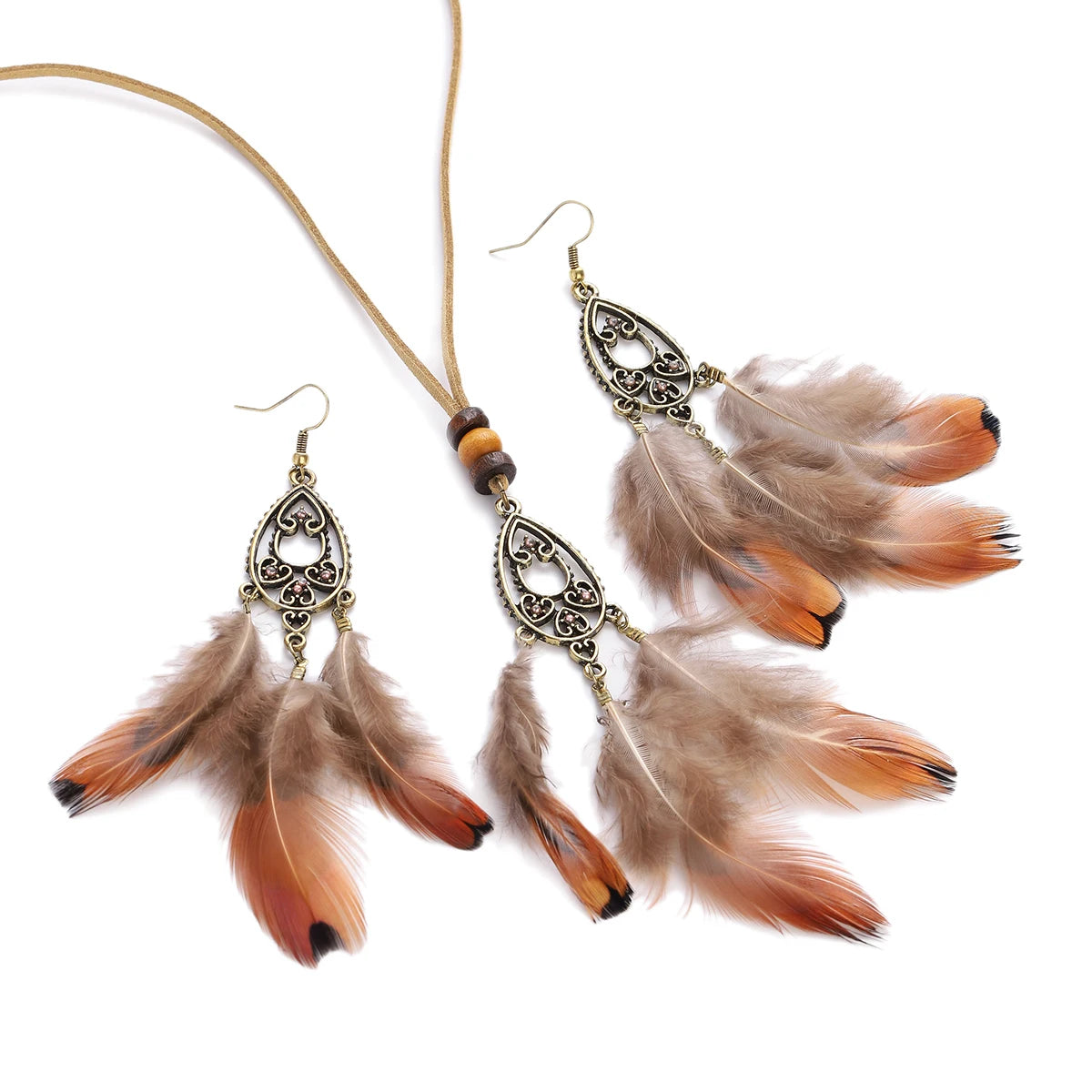 Native Long Feather Drop Earrings Necklace Set