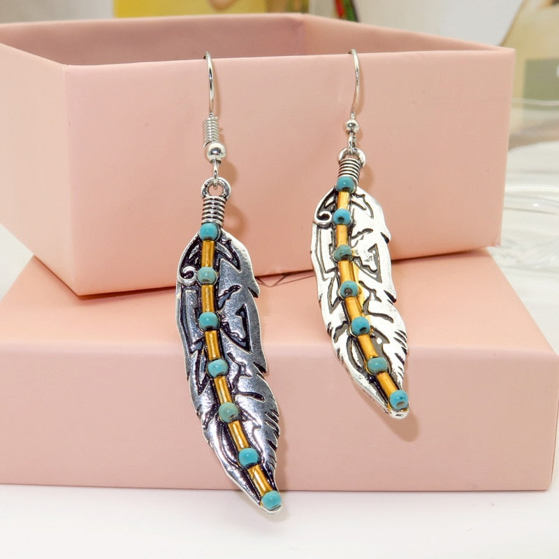 Native Vintage Metal Leaf Feather Long Dangle Earrings Silver Color Hook