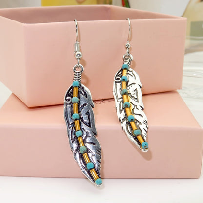 Native Vintage Metal Leaf Feather Long Dangle Earrings Silver Color Hook