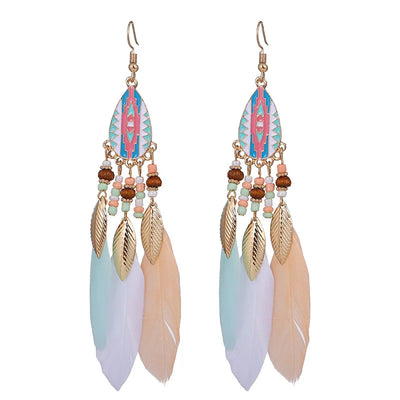 Native Long Feather Earrings Drop Glaze Wood Beads Leaf Tassel Earring