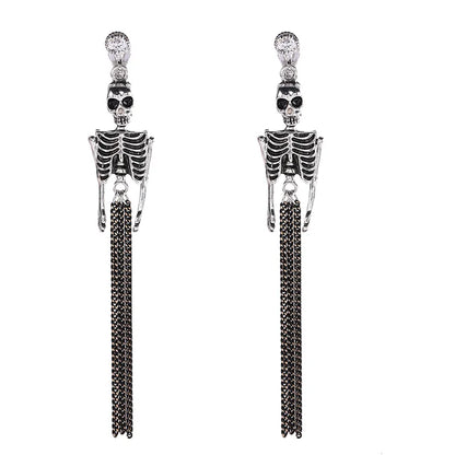 Skull Dangle Clip Earrings Long Exaggerated