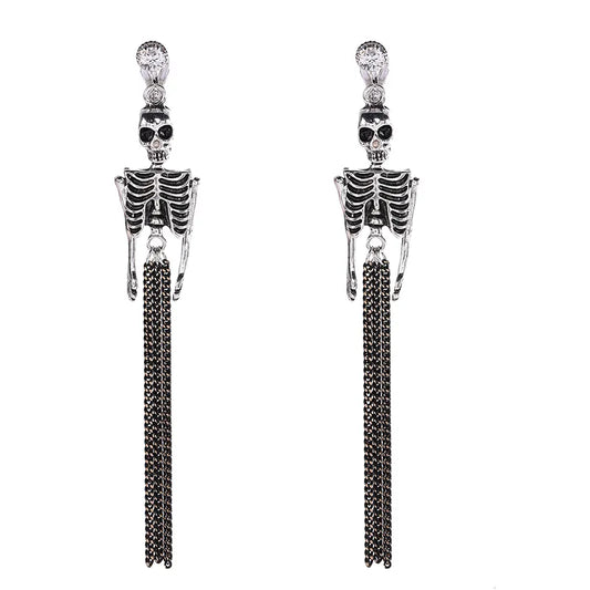 Skull Dangle Clip Earrings Long Exaggerated