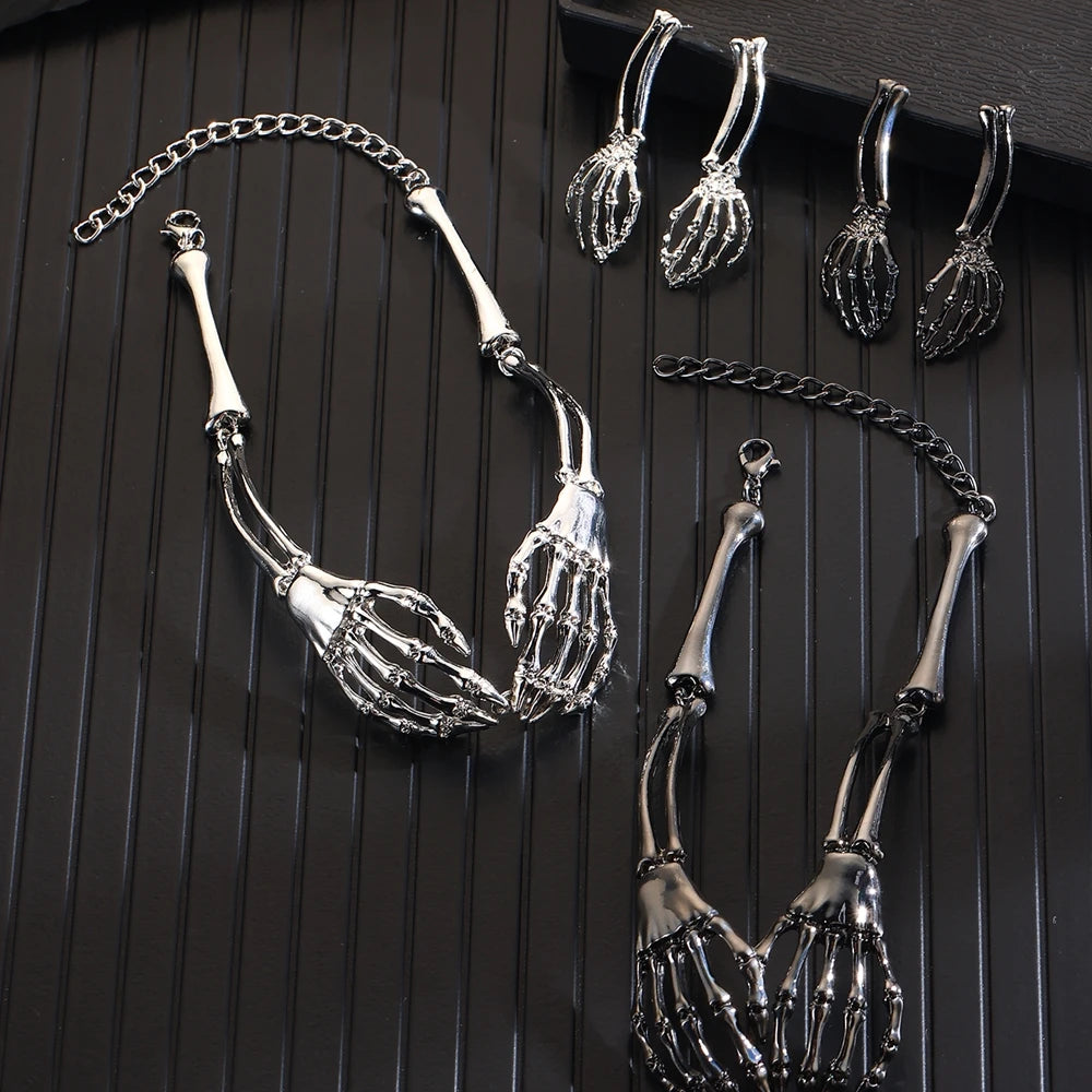 Skull Gothic Metal Retro Hand Neck Chain Necklace And Earring Set