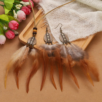 Native Long Feather Drop Earrings Necklace Set