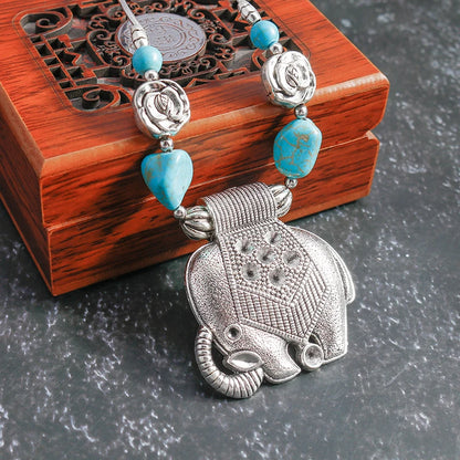 Elephant Pendant Necklace Turquoise Silver Color