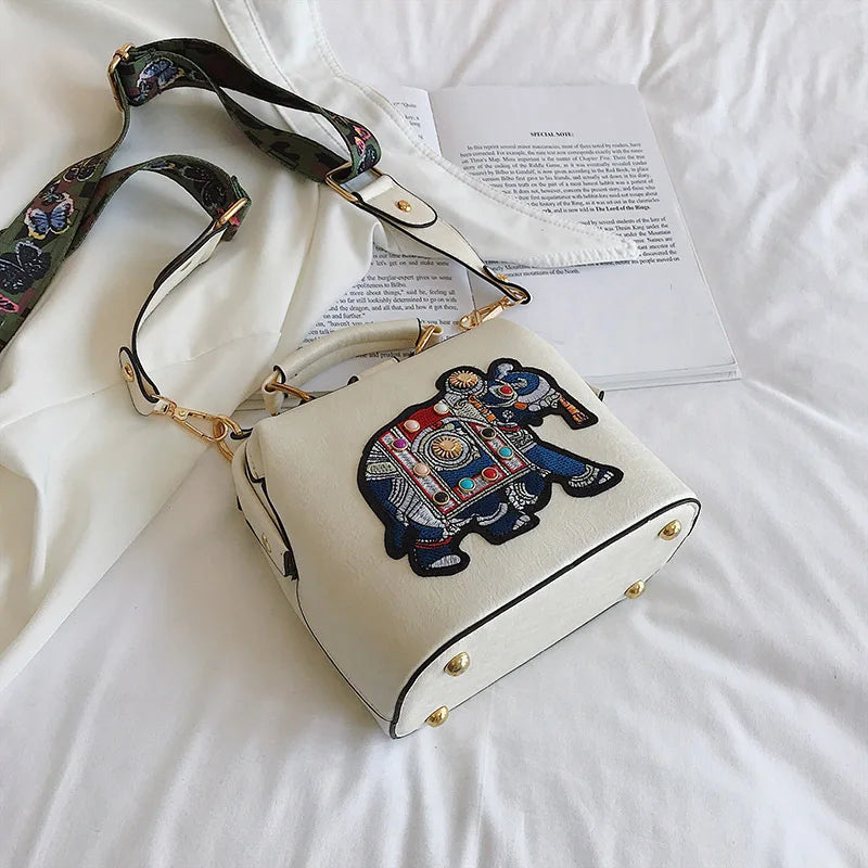 Elephant Embroidered Bags Crossbody Leather Handbag