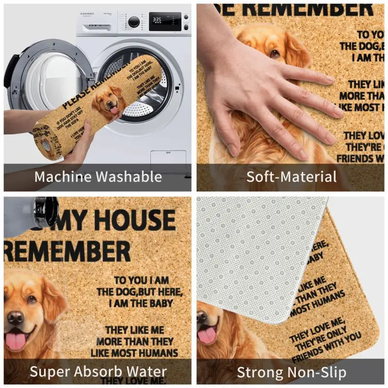 Dog Doormat Decor Print "Please Remember Golden Retriever Dogs House Rules" Flannel Mats Non-Slip 3D Soft Flannel