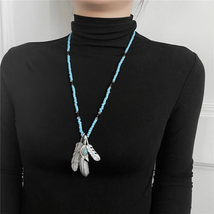 Native Alloy Feather Necklace Beaded Turquoise