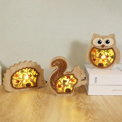 Owl Shape Wooden Carving Art LED Light Glow