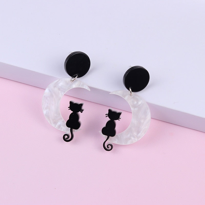 Moon Black Cat Earrings Acrylic