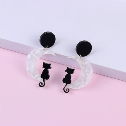 Moon Black Cat Earrings Acrylic