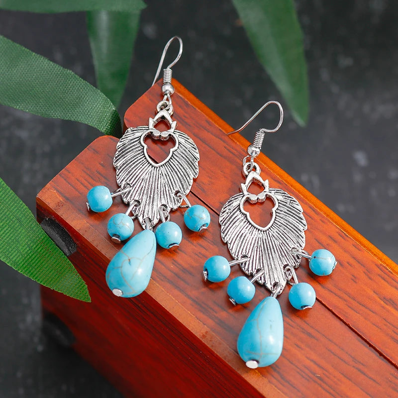 Native Turquoise Stone Tassel Drop Earrings