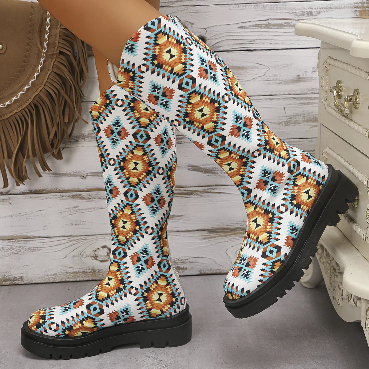 Native Printed Mid-Calf Platform Boots