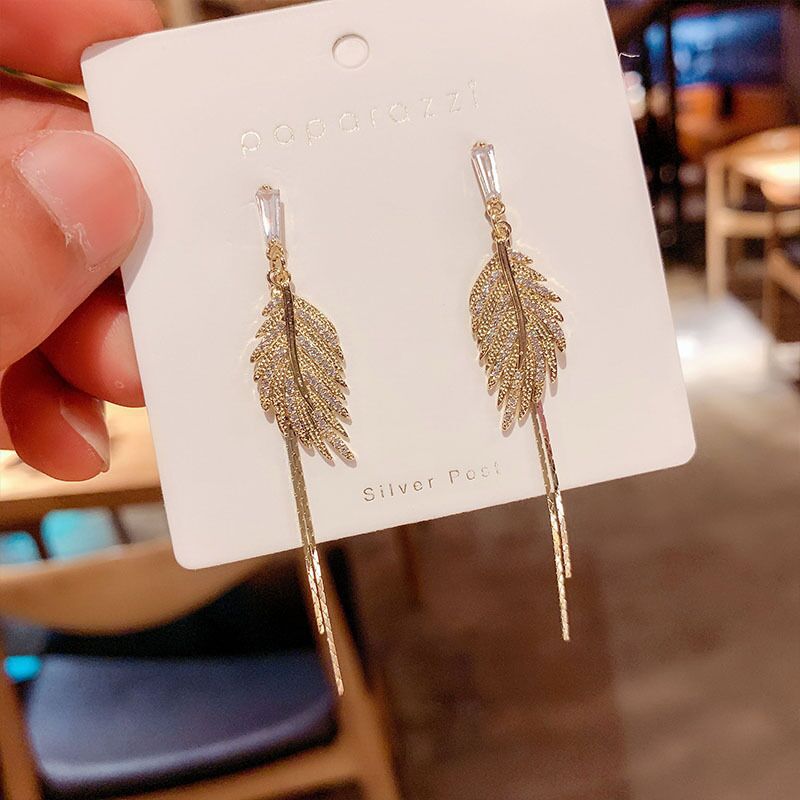 Native Rhinestone Leaf Feather Shaped Metal Tassel Earrings