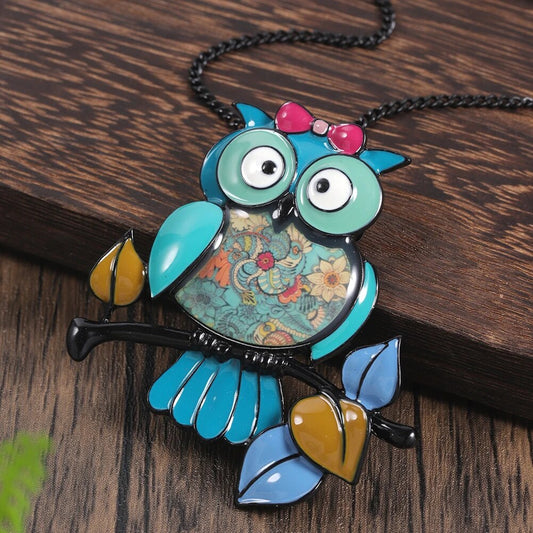 Owl Pendant Necklace Enamel Metal