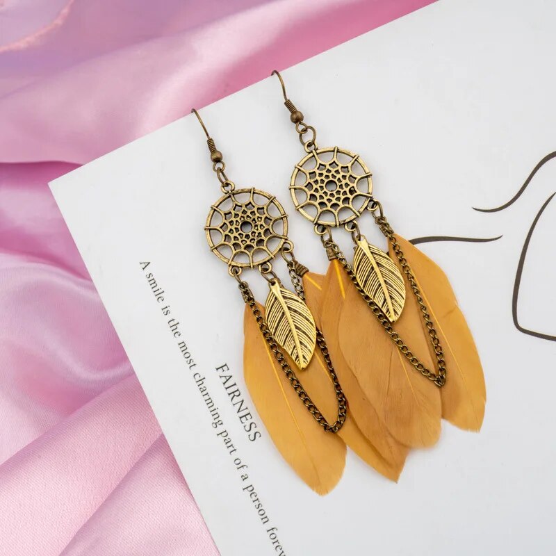 Native Dream Catcher Feather Long Earrings