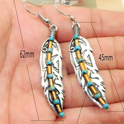 Native Vintage Metal Leaf Feather Long Dangle Earrings Silver Color Hook