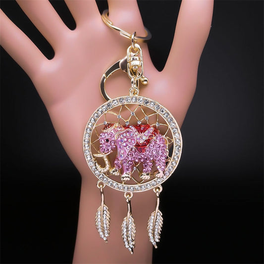 Pink Crystal Elephant Dream Catcher Feather Key Chain