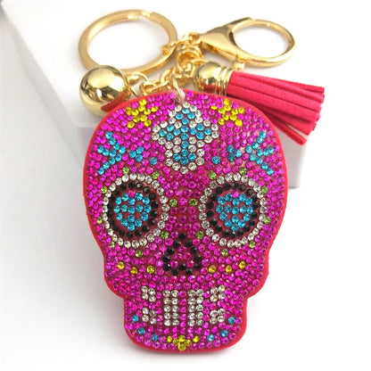 Skull Pink Crystal Key Chain With Tassel Bell Key Holder