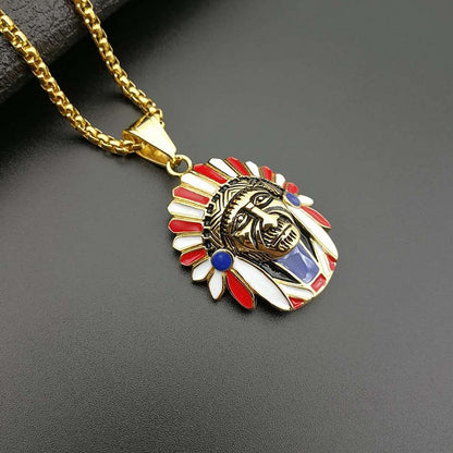 Native Titanium Steel Gold Plated Indian Chief Pendant Necklace