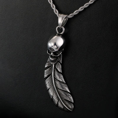 Skull Feather Pendant Stainless Steel Chain Necklace