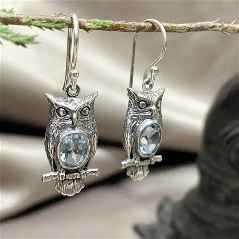 Owl Silver Metal Sea Blue Stone Earrings