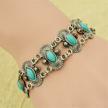 Native Vintage Bangles Engraving Pattern Oval Green Stone