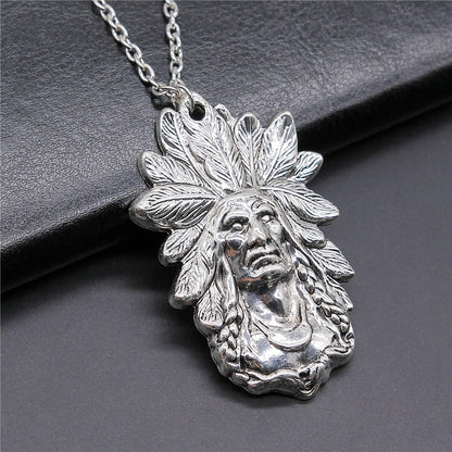 Native Antique Silver Indian Chief Pendant Necklace