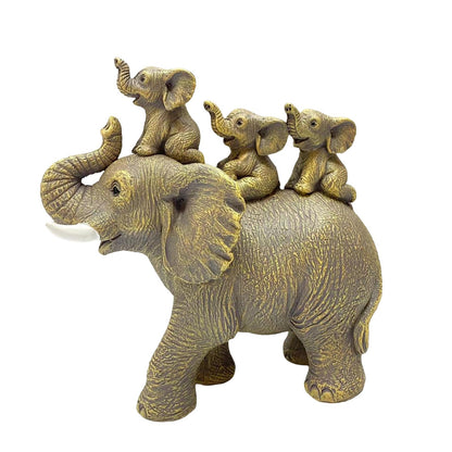 3 Baby Elephants Riding An Elephant Statue Figurine