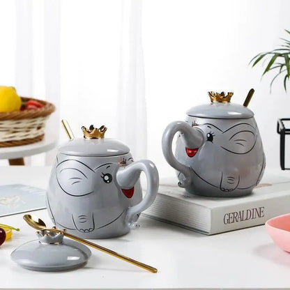 Elephant Cartoon Cute Ceramic Cup With Crown Cap And Spoon Cup