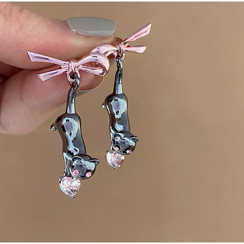 Pink Bow Black Cat Rhinestone Drop Earrings