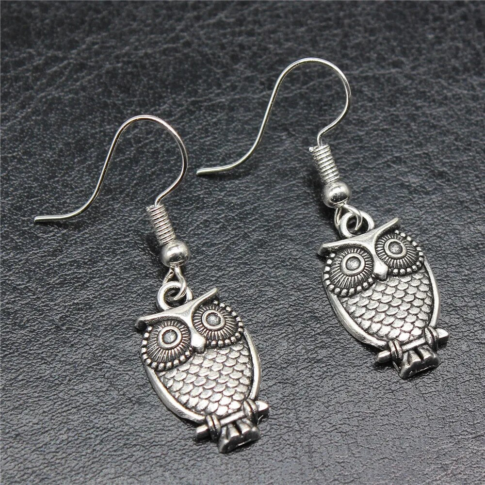 Owl Antique Silver Color Drop Earrings