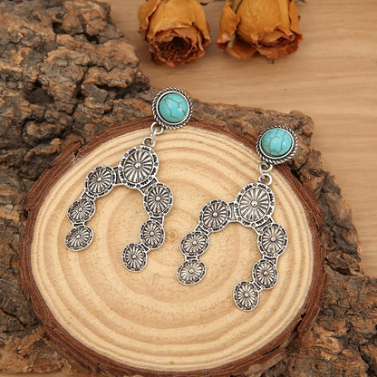 Native Blossom Stamped Metal Earrings Silver Tone Turquoise