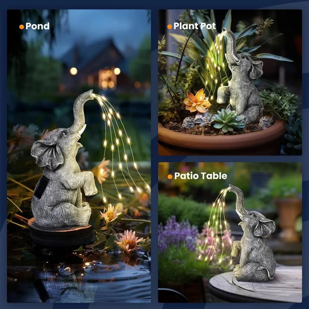 Elephant Statue Resin With Solar-Powered LED Light Garden Ornament