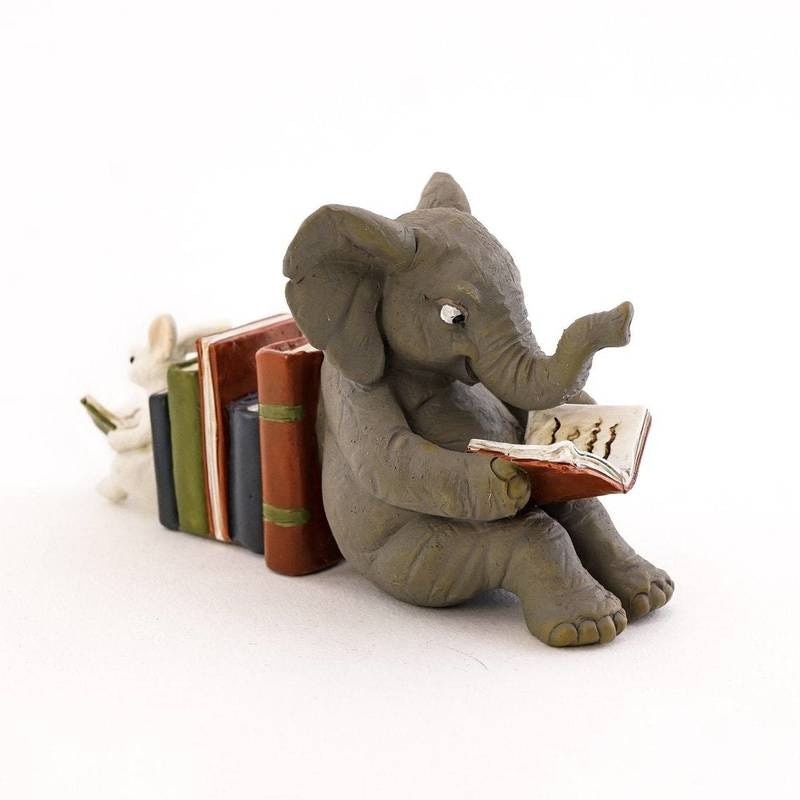 Elephant and Rabbit Reading Statue Bookend Resin